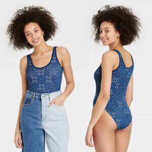 Medium - Womens Blue Bandana Graphic Bodysuit - Indigo